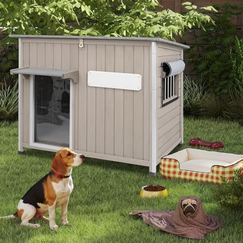 Outdoor Dog House Weatherproof, Wooden Puppy Shelter with Anti-Chewing Iron Frame and Elevated Floor, Sturdy Dog Kennel for Small, Medium & Large Dogs (Gray, 40" L x 26" W x 31" H) - size: 40" L x 26" W x 31" H