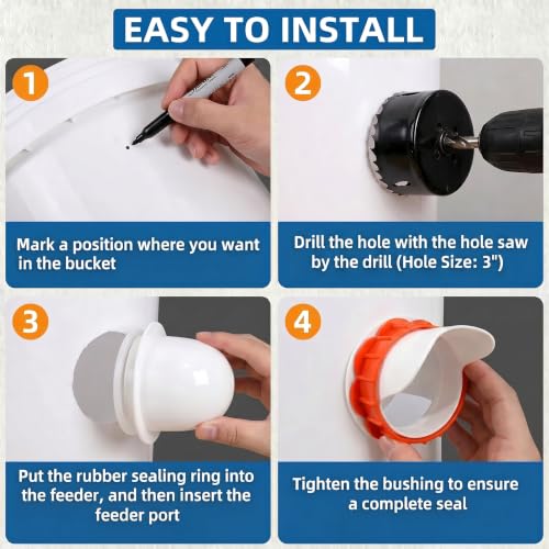 DIY Chicken Feeder Ports, 6 Ports Chicken Feeder No Waste, DIY Automatic Poultry Feeder Cups Kit, Rain Proof Gravity Feeder Port with Hole Saw for Buckets Barrels Bins Troughs
