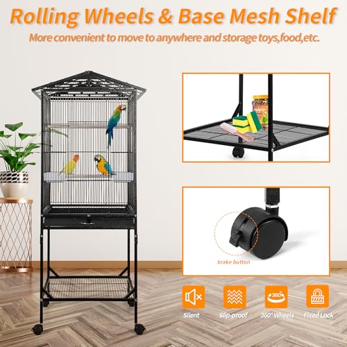WeGear Bird Cage 47 inch Wrought Iron Parakeets Cage with Play Open Top and Rolling Stand Medium Small Bird Cage for Parrots, Budgerigars, Parakeets, Cockatiels, Lovebirds