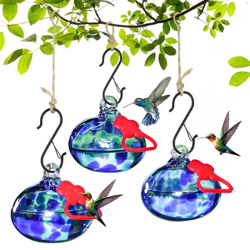 Pozfun Set of 3 Hummingbird Feeders for Outdoors Hanging,Hand-Blown Glass Hummingbird Feeder with Silicone Feeding Perch,Never Leak,Gardening Gifts for Woman Man - color: Dark Blue