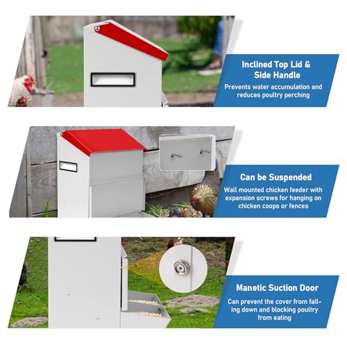 Automatic Chicken Feeder 25lb,Outdoor Galvanized Metal Poultry Feeder No Waste Rat Proof Feeder Trough with Lid Hanging Chicken Feeder Dispenser for Quails,Bantams, Ducks and Turkey