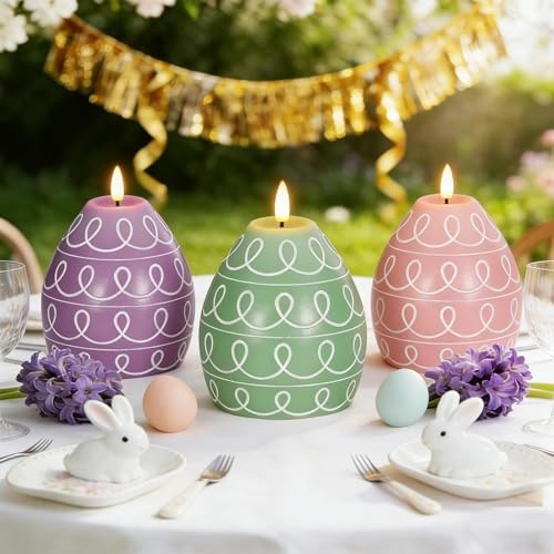 3PCS Easter Egg Flameless Candles – 5.2" Battery Operated LED Egg Candles with White Wave Pattern, Green Purple Pink Real Wax Finish, Flickering Flame for Easter Table Centerpiece Spring Home - color: purple, pink, green