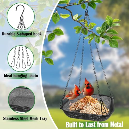 Hanging Platform Bird Feeder, 11 in Square, Black | Stainless Steel Mesh Seed Tray, Backyard & Patio, Outdoor Use - color: Black - Square