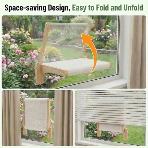 Cat Window Perch with Bird Feeder – Foldable Hammock, Strong Suction Cups for Indoor Cats(Nature) - color: Nature