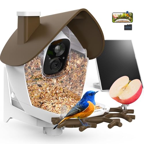 Smart Bird Feeder with Camera Solar Powered 2K HD Live Video with 32GB Card | AI Identifies 10,000+ Bird Species, Instant Alerts, IP65 Waterproof, Easy Setup, Bird Watching Gift for Bird Lovers - color: Brown