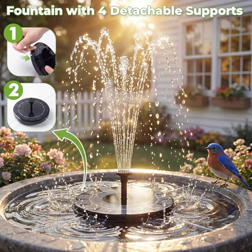 AISITIN 2.5W Solar Bird Bath Fountain Pump, with 6 Nozzles & 4 Fixer | 6.7" Solar Fountain Pump, solar pump for fountain for Garden, Ponds, Pool, Fish Tank, Outdoor and Aquarium