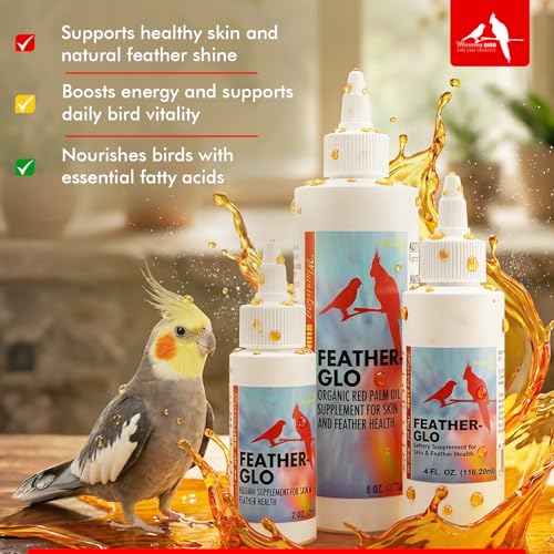 Morning Bird Feather Glo 4 oz – Cold Pressed Red Palm Oil - Natural Vitamin A & E Supplement for Birds – Supports Feather Shine, Skin Health & Immunity – Vitamin & Energy Boost for All Bird Types | A & E Vitamin Supplement for All Birds – Supports Feather