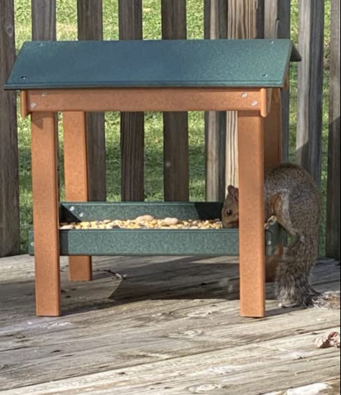 DutchCrafters Recycled Plastic Poly Large Covered Ground Fly Through Raised Platform Bird Feeder with Mesh Seed Tray - USA Amish Made (Cedar & Turf Green) - color: Cedar & Turf Green