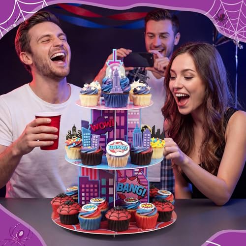 3 Tier Spider Cupcake Stand Decoration Pink Spider Web Cupcake Tower Purple Blue Spiderweb Table Decoration Cityscape Dessert Holder Table Display for Birthday Party Baby Shower Supplies - style: Faddish