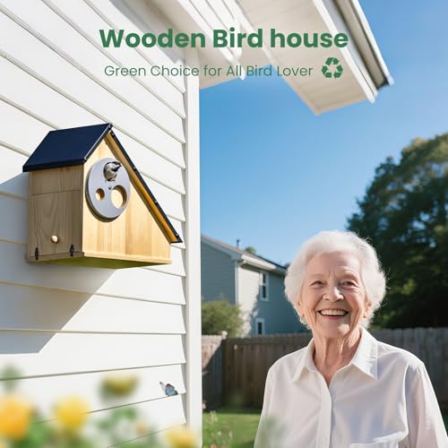 Bird House - Adjustable Entrance Fit All Birds, Outdoor Bird Houses for Outside Weatherproof, Durable Wood Birdhouse for Bluebird, Finche, Wren, Chickadee, an Ideal Backyard Decoration (Iron Roof)