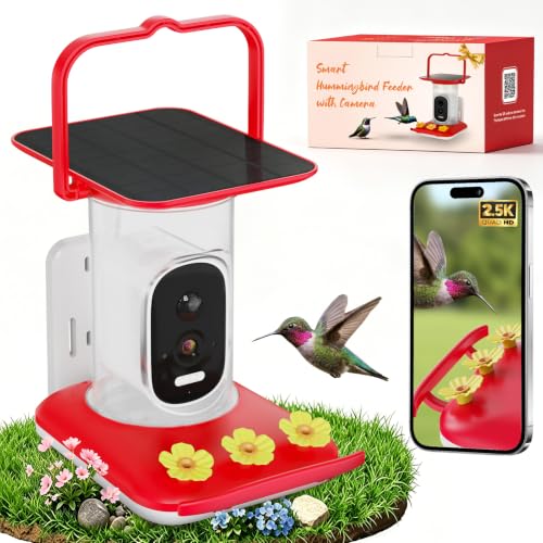 Smart Hummingbird Feeder with Camera, All-in-One Integrated Solar Roof – No Wires, 2.5K HD Color Night Vision, AI Identified Solar Hummingbird Feeder, Leakproof Design Hummingbird Feeders for Outdoors