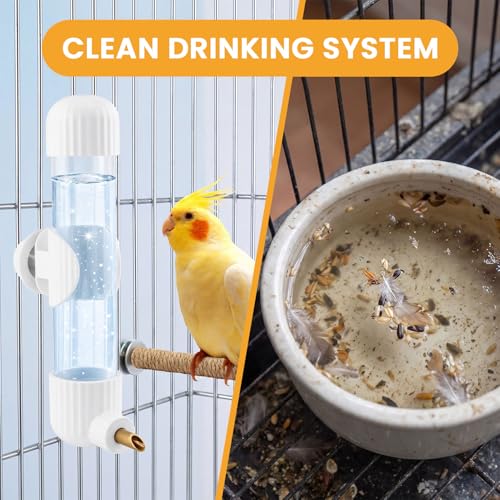 9.4 Fl Oz Bird Water Dispenser, No Mess Spring Valve Water Bottle with Parrot Bite Perch, Flexible Installation, for Small Birds Budgies, Cockatiels, Canaries, Lovebirds