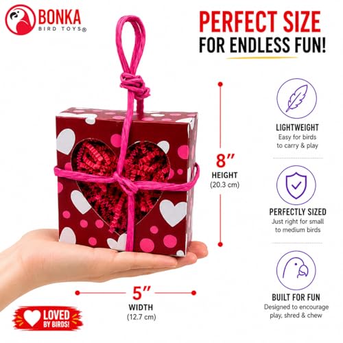 Bonka Bird Toys 2764 Valentine Heart Box Forager 8" x 5" Shreddable Paper and Rope Valentine Treat Toy for Small and Medium Birds Mental Enrichment and Cage Activity Conure Cockatiels and Similar