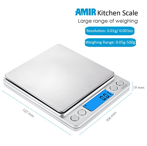 (Upgraded) AMIR Digital Kitchen Scale, 500g Mini Pocket Jewelry Scale, Food Scale, Coffee Scale, Back-Lit LCD Display, 2 Trays, 6 Units, Auto Off, Tare, PCS, Stainless Steel (Batteries Included) - color: Silver