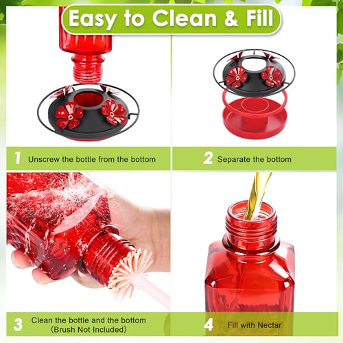 20oz Glass Hummingbird Feeder for Outdoors Hanging, Bird Nectar Feeder with 4 Bee Guard Flower-Shaped Feeding Ports & Built-in Ant Moat, for Bird Lover, Red (2 Pack) - color: Red 2 Pack