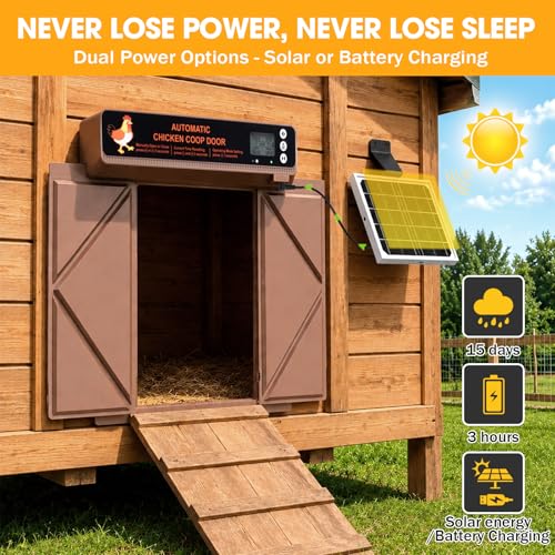 Automatic Chicken Coop Door, Solar Powered Chicken Door with Anti-Pinch Protection,LCD Screen and Weatherproof Build, Automatic Chicken Door with Timer,Light Sensor & 20 Meters Remote Control