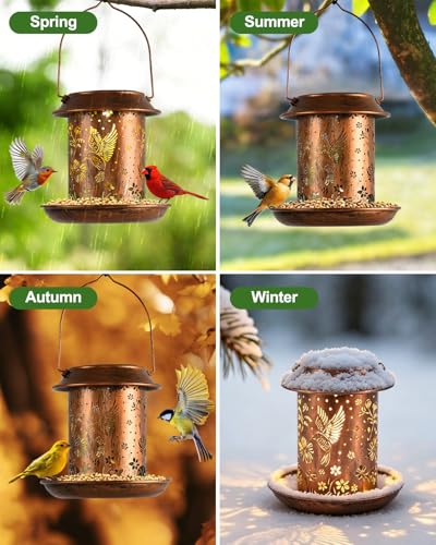 Solar Bird Feeder for Outdoors, Hanging Metal Bird Feeders with Flying Bird Carved Design, Auto-On Night Light, for Hummingbirds Cardinals Orioles Finches Bluebirds, Unique Gift for Bird Lovers - size: 6.4”