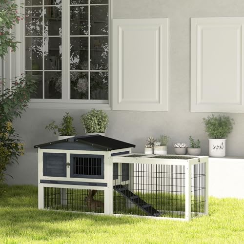 PawHut 2 Levels Outdoor Rabbit Hutch Openable Top for Rabbits 59" Dark Gray | Wooden Large Rabbit Cage with Run, Weatherproof Roof, Removable Tray, Ramp, for Chickens, Ducks - color: Dark Grey