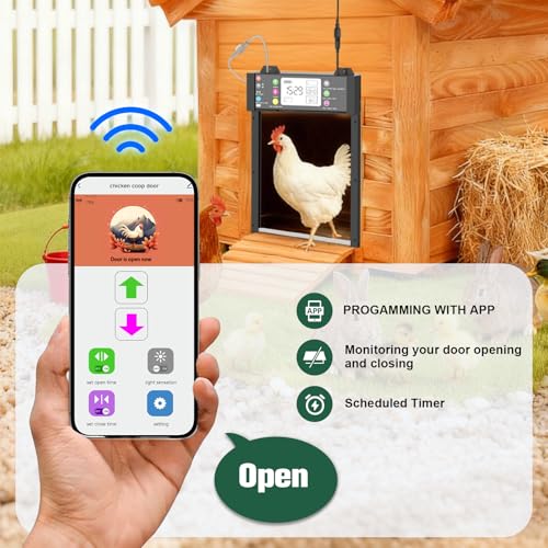 Automatic Chicken Coop Door, Smart TUYA APP Controlled, WiFi Enabled, Door Status Detection, Solar Powered, Anti Pinch, Auto Chicken Door with Timer & Light Sensor, LCD Display, 5 Modes