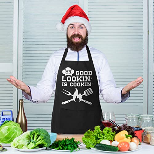 VAGAVY 100% Cotton, Black Funny Aprons for Men, Dad, Husband - Birthday, Father’s Day Grilling Gifts for Papa, Husband. - color: Mr Good Lookin is Cookin - Black
