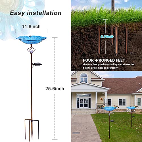 Homight Solar Glass Blue Bird Bath, Yard Art，Garden Outdoor Birdbath with Metal Stake with White LED Light Metal Stake Garden Decor Gift - color: Blue