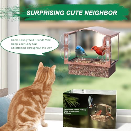Lilyang Window Bird Feeder with Strong Suction Cups | Easy Refill Tray with 1.7 Lb Capacity, Sturdy Rust-Proof Metal, Hand-Painted Vintage Texture, Outdoor Wild Bird Watching Gift