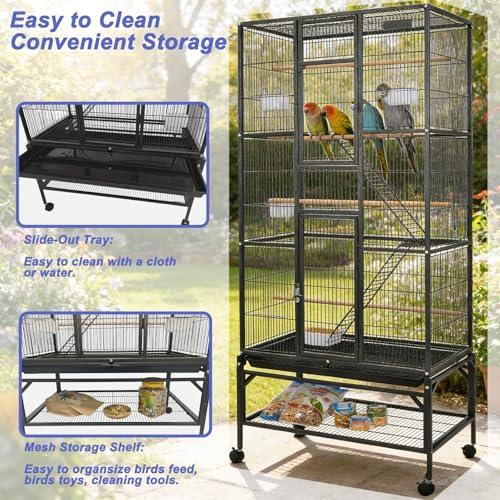 69.5 Inch Large Bird Cage, Parakeet Flight Cage with Rolling Stand, Storage Shelf, Tray, Perches, Feed Bowls, Extra Large Parrot Cage for Macaw, Cockatiel, Budgie, Conure, Lovebird & Finch