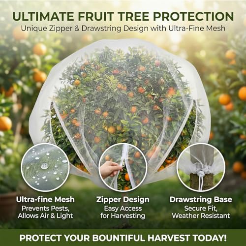 SATINIOR 2 Pcs 15x15ft Large Fruit Tree Netting with Double Zipper Drawstring Bird Netting Fruit Tree Covers Garden Plant for Squirrels Birds Deer Bugs Cherry Blueberry Peach Apple Trees - size: 15x15ft