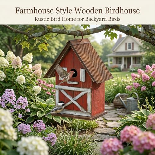Topadorn Rustic Barn-Style Wooden Birdhouse, 10.5" Hanging Bird House | Bird House with Metal Roof, Easy Clean for Bluebirds Cardinals Chickadees, Outdoor Garden Decor