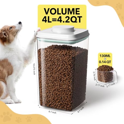 Dog Food Storage Container, 4L/4.2 Qt Airtight Pet Canister with One-Touch Lid, 130ml Scoop, BPA-Free Stackable Clear Kibble Holder for Kibble, Cat Food and Treats - size: 4Qt