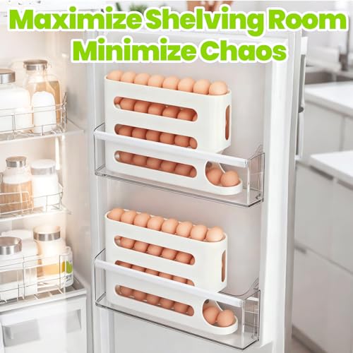 Egg Holder For Fridge, Automatic Rolling Dispenser | Space-Saving Side Door Storage Rack, Generous Design Accommodates Up To 30 Eggs - color: white