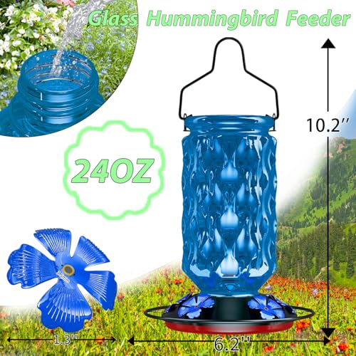 24OZ Glass Hummingbird Feeders for Outdoors Hanging,Five Feeding Ports with Perch, Leak Proof for Gardens Decor Backyard, Bird Feeder for Outside, Birthday Gifts for Women Men, Gifts for Mom Dad - color: Blue