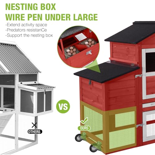 GUTINNEEN Chicken Coop Mobile Hen House On Wheels Easy to Move Wooden Poultry Cage with Nesting Box,Opening Wire Netting Roof,Red - color: Red
