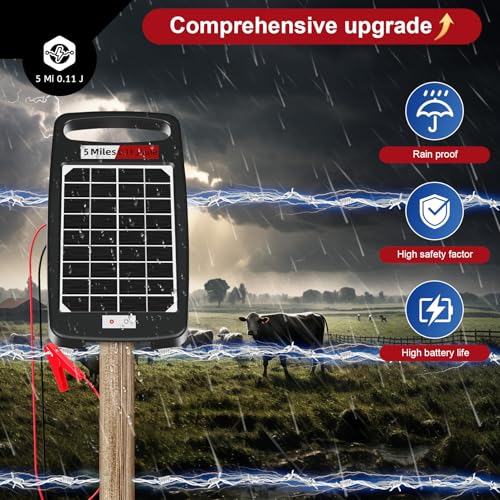5 Miles Solar Powered Electric Fence Charger, 0.11J Portable for Livestock | 24/7 Day/Night Mode, Portable Solar Panel/AC Dual Power, 10200V Output,Weatherproof, Easy Setup, Deters predators for Gardens - size: 5M 0.11J