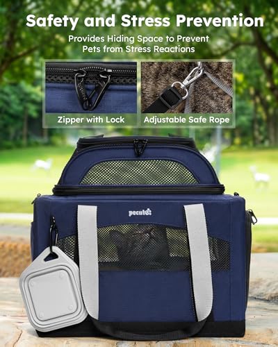 Pecute Cat Carrier, Top Expandable Dog Crate for Travel, Blue | 5mm Anti-Collapse Steel Frame, Soft Mesh, Vet Visits, Foldable Travel Crate,Outdoor Hammock, Leakproof Pee Pad & Bowl - color: Blue