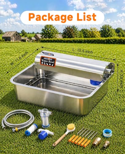 Automatic Chicken Waterer Real 304 Stainless Steel Metal | 3 Gallon Poultry Waterer with Upgraded Float Valve, Extra Filter, 1.5M Hose