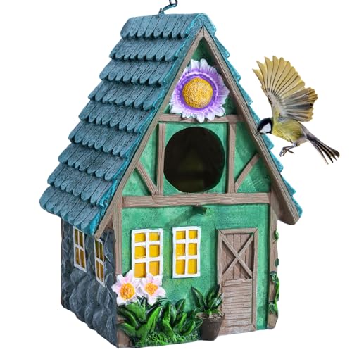 DEWEL Waterproof Bird Houses for Outside, Decorative Resin Birdhouses for Outdoors Garden Yard Decor, Hanging Bird House with Flower for Bluebird Finch Swallow Chickadee, Nesting Box for Bird Lovers - color: Green