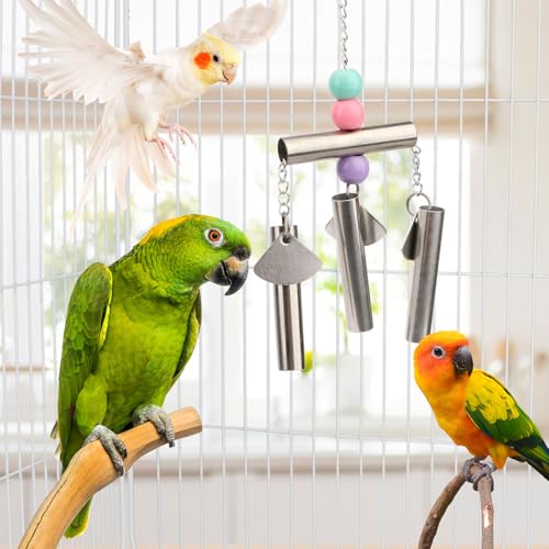 Stainless Bells String Toy for Bird Parrot Macaw African Greys Amazon Eclectus Cockatoo Parakeet Cockatiels Birds Squirrel Cage Stand (Silver-2) - color: Silver-2