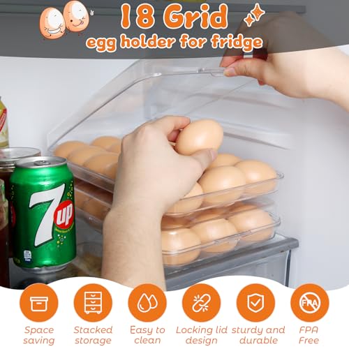 Egg holder for fridge - deviled egg containers with lid, Clear Stackable Plastic Egg Holder, Space-Saving 18 Egg refrigerator Organizer (Clear, Pack of 01)