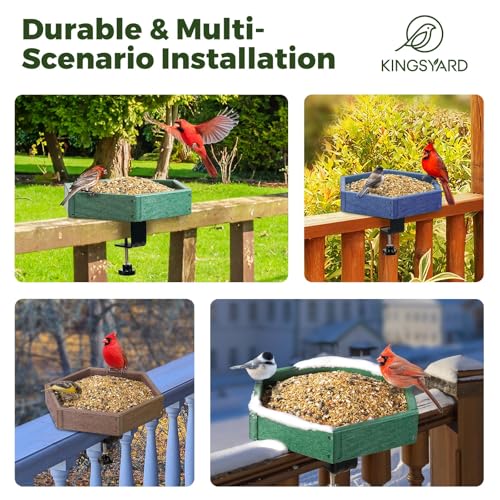 Kingsyard Clamp-On Deck Bird Feeder for Balcony Railings, No Drill | Recycled Poly Lumber, Weather Resistant, Mesh Tray for Airflow & Drainage, Fits Railings up to 2.2 in - color: Blue