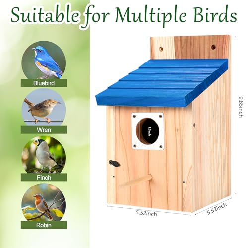 4-Pack Blue Wooden Bird Houses for Outdoors with Predator Guard, Bluebird Houses for Outside – Ideal for Bluebirds & Other Backyard Birds, Blue