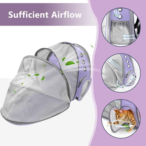 Expandable Cat Carrier Backpack with Bubble Window, Purple | Breathable mesh, anti-collapse frame, side door, safety leash and escape-resistant zippers for vet visits and outdoor travel. - color: Purple