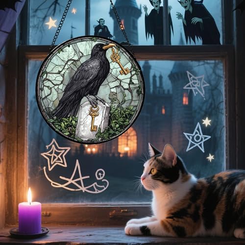 Stained Glass Window Hanging - Halloween Crow Holding A Key Suncatcher for Doors Garden Home Spooky Green Vines Sun Catchers Gothic Decor Horror Gift for Women Men Friend Boy Girl 6.3 in - color: Black Green, size: 6.3x6.3 IN