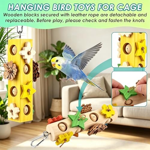 2Pcs Bird Hanging Chew Toys, Suitable for All Birds | Colorful Wooden Beads & Natural Pine Cones, Foraging & Beak-Grinding, Cockatiels, Lovebirds, Conures, Cage Accessories