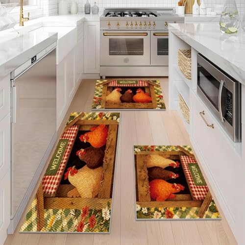 Farmhouse Kitchen Rugs Set of 3, Non Slip Washable Durable Stain Resistant Floor Mat Set,Chicken coop and Grid Pattern Warm Home Decor,Rooster Welcome Kitchen Runner Rug 16"X24"+20"X32"+20"X47" - color: Multicolour-chicken Coop&grid Pattern
