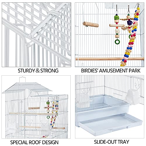 Yaheetech 39-inch Roof Top Medium Parakeet Bird Cages for Cockatiels Conures Finches Budgies Canaries Lovebirds Parakeets Green Cheek Small Birds Parrots, Travel Flight Birdcage w/Toys, White - color: White