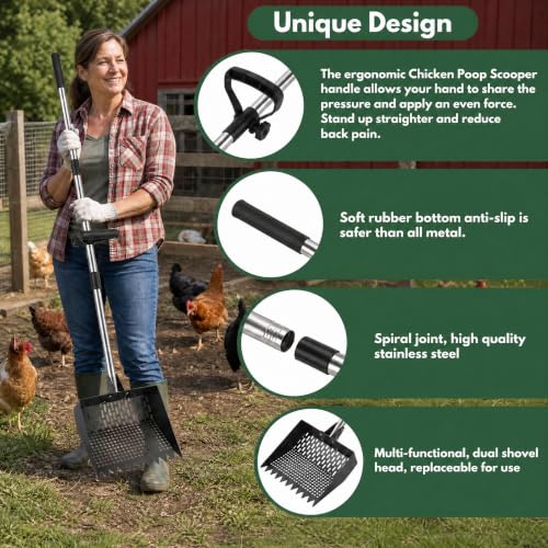 Chicken Poop Scooper & Rake 2-in-1, 10" Stainless Steel Sifting Shovel, Interchangeable Dual Heads, 5-Section Handle 24-68", 3 Angles, Includes Gloves, Heavy Duty Chicken Coop Cleaning Kit