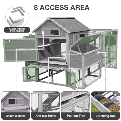 Extra Large 120" L Chicken Coop for 8-10 Chickens, Wooden Chicken House with Run, 6 Nesting Boxes, Heavy Duty Construction, Waterproof Roof, Predator Resistant Outdoor Poultry Cage-Grey - color: Grey (AIR46-M)