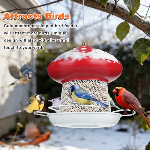 Bird Feeder, Heavy Duty Metal Bird Feeders for Outdoor Hanging | Wild Birdfeeder, 3LB Capacity, 4 Perches, Sturdy, Cute Mushroom Shape, For Outside Garden Yard - color: Red