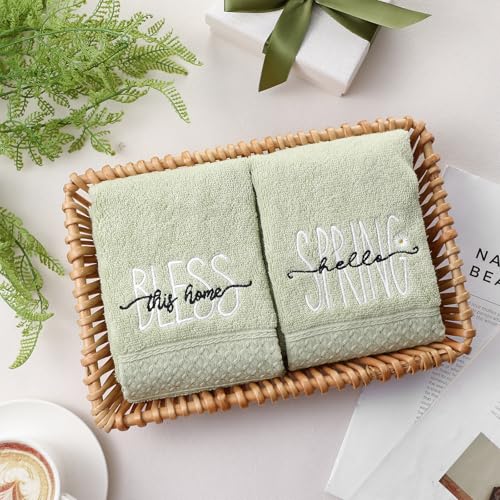 SmoothNovelty 2 Pcs Hello Spring Hand Towels for Bathroom Decor 14x29 Inch | Embroidered Bathroom Hand Towels, 100% Cotton, Soft Absorbent, Bless This Home, Bathroom Kitchen Decor - style: Hello Spring
